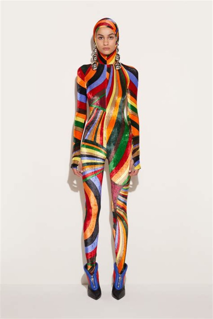 A woman in a printed dress.