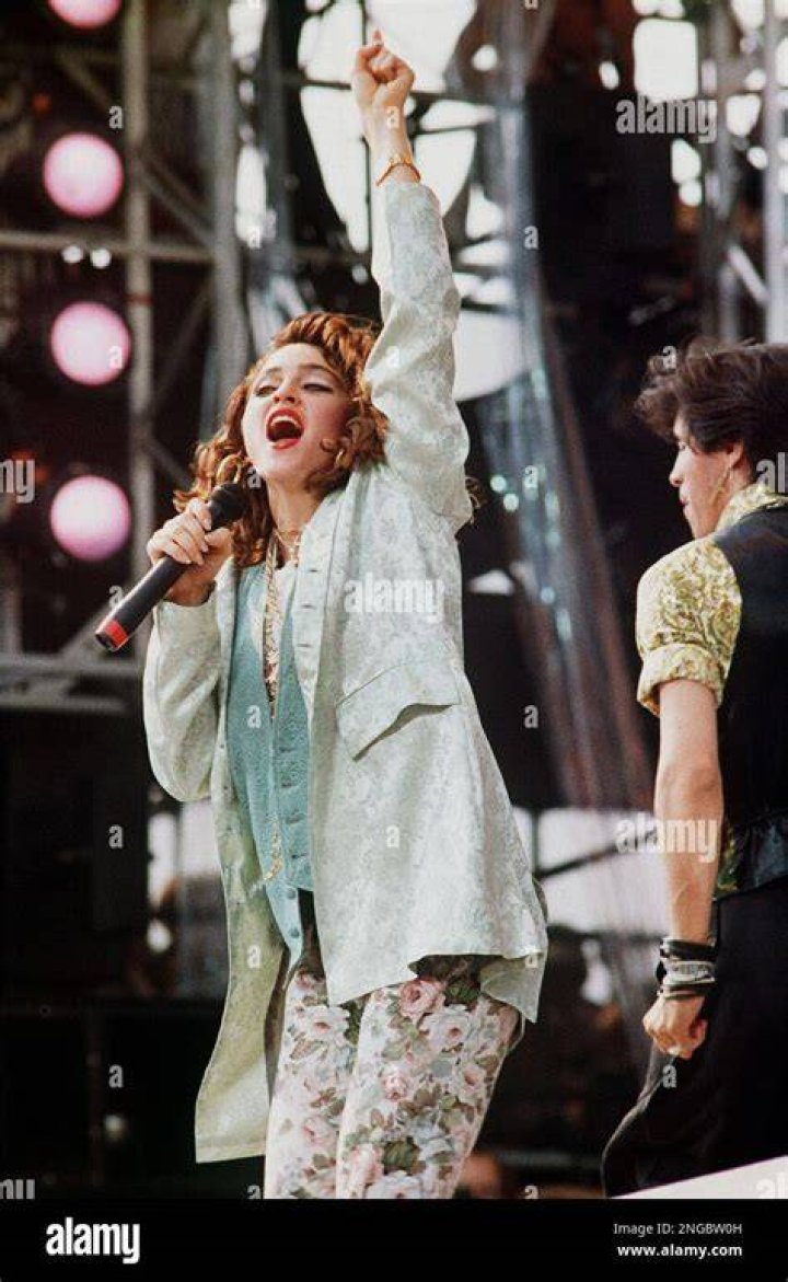 Actress and singer Madonna sings on stage at the JFK Stadium in Philadelphia, Pa., during the Live Aid concert LIVE AID PHILADELPHIA 1985, PHILADELPHIA, USA