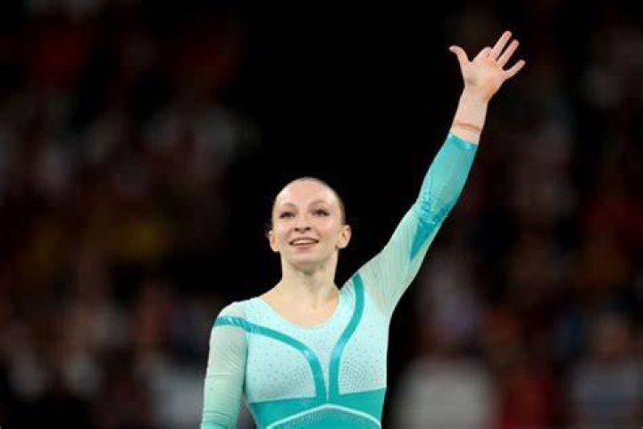 Ana Barbosu of Team Romania reacts after competing in the Artistic Gymnastics Women's Floor Exercise Final