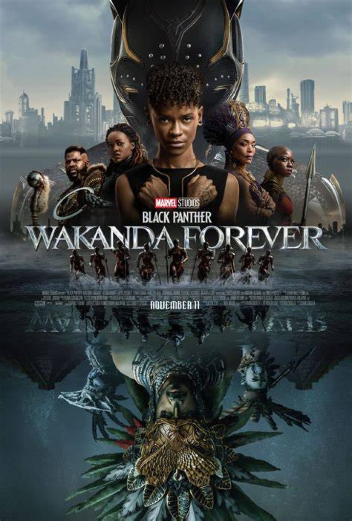 BLACK PANTHER: WAKANDA FOREVER, (aka BLACK PANTHER II), Chadwick Boseman (on mural), 2022. &copy; Marvel / &copy; Walt Disney Studios Motion Pictures / Courtesy Everett Collection