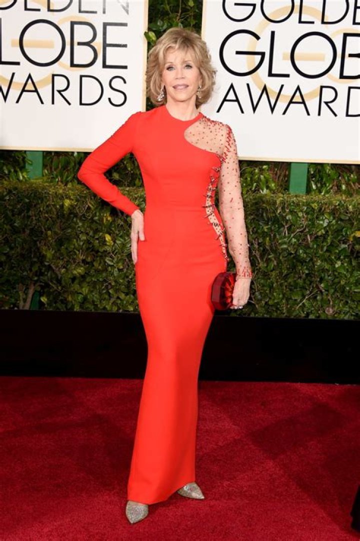 Jane Fonda in a red dress