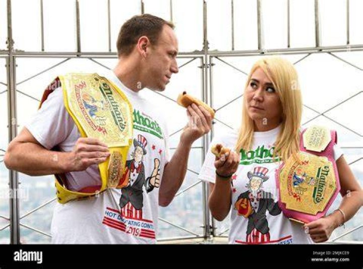 Joey Chestnut, Miki Sudo. Eleven-time and defending men's champion Joey Chestnut, left, and defending women's champion Miki Sudo pose together at Nathan's Famous international Fourth of July hot dog eating contest weigh-in at the Empire State Building, in New York 2019 Nathan's Hot Dog Eating Contest Weigh-In, New York, USA - 03 Jul 2019