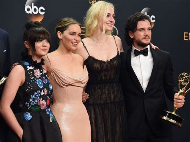 Maisie Williams, from left, Emilia Clarke, Sophie Turner, and Kit Harington winners of the award for outstanding drama series for Game of Thrones pose in the press room at the 68th Primetime Emmy Awards, at the Microsoft Theater in Los Angeles 2016 Primetime Emmy Awards - Press Room, Los Angeles, USA