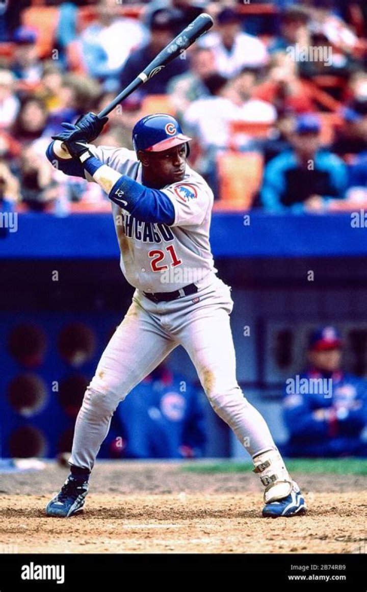 Sammy Sosa Chicago Cubs' Sammy Sosa hits during game against the St. Louis Cardinals, in Chicago CUBS SOSA 1995, CHICAGO, USA