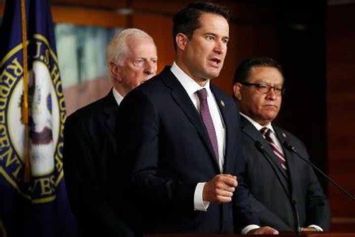 Seth Moulton, Mike Thompson, Salud Carbajal. Rep. Seth Moulton, D-Mass., center, with Rep. Mike Thompson, left, and Rep. Salud Carbajal, D-Calif., all military veterans, speaks during a news conference about President Donald Trump's threatened strikes in Syria, where they called his social media rhetoric reckless and provocative, on Capitol Hill in Washington Syria Congress Veterans, Washington, USA - 13 Apr 2018