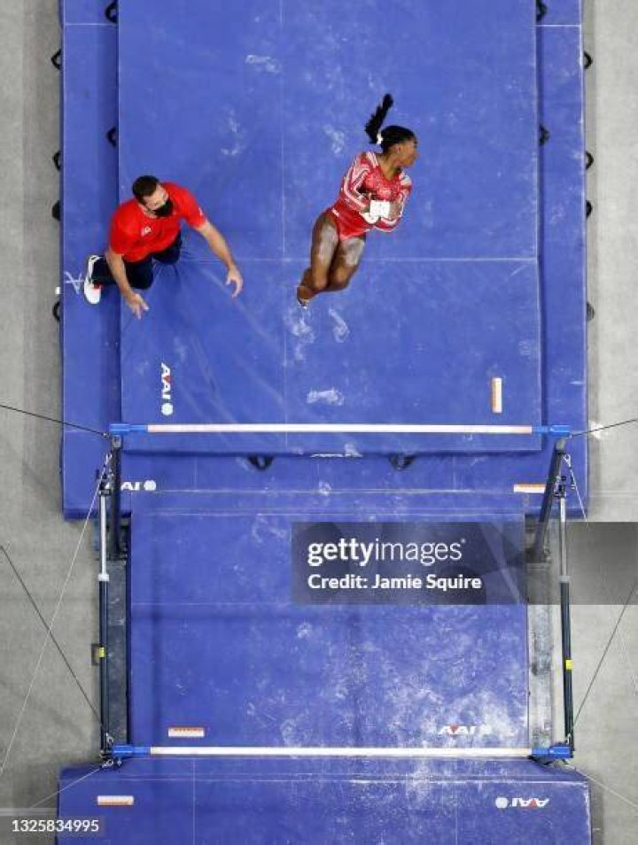 Simone Biles dismounts from the beam during the US Gymnastics Championships Women's Day 2 at SAP Center in San Jose, California, USA, 27 August 2023. US Gymnastics Championships, San Jose, USA - 27 Aug 2023