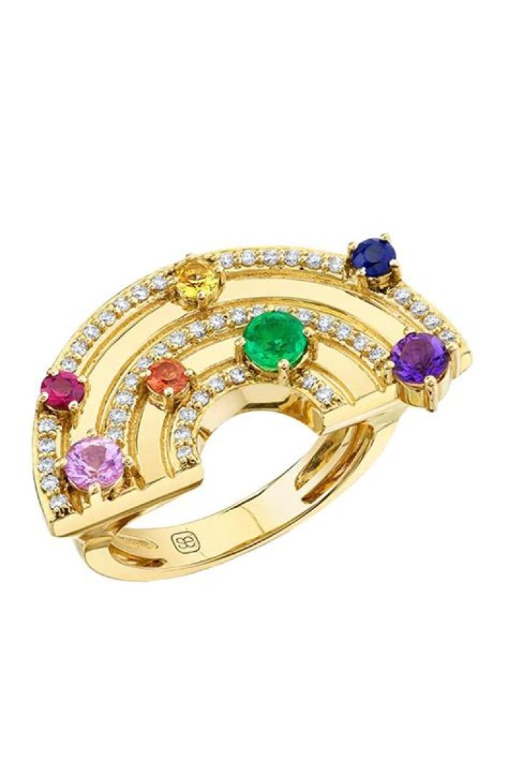 Sydney Evan Rainbow Ring Small Rainbow Heart Eternity Ring &ndash; Yellow Gold