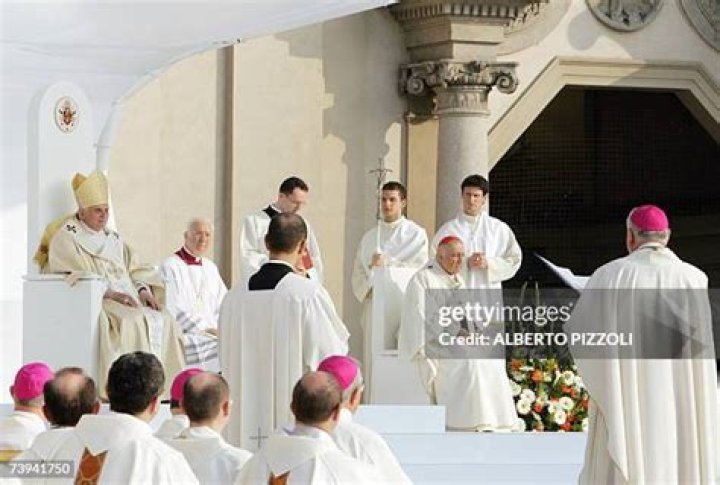Vigevano, Italy - 21 April, 2007: Pope Joseph Benedict XVI presides over an open-air mass in Piazza Ducale, The Pontiff is visiting the northern Italian town of Vigevano. Pictured: Vigevano,Italy - 21 April,2007: Pope Joseph Benedict XVI presides over an open-air mass in Piazza Ducale,The Pontiff is visiting the northern Italian town of Vigevano.,Vigevano Italy - 21 April 2007: Pope Joseph Benedict XVI presides over an open-air mass in Piazza Ducale The Pontiff is visiting the northern Italian town of Vigevano. Ref: SPL619207 250913 NON-EXCLUSIVE Picture by: SplashNews.com Splash News and Pictures USA: +1 310-525-5808 London: +44 (0)20 8126 1009 Berlin: +49 175 3764 166 World Rights